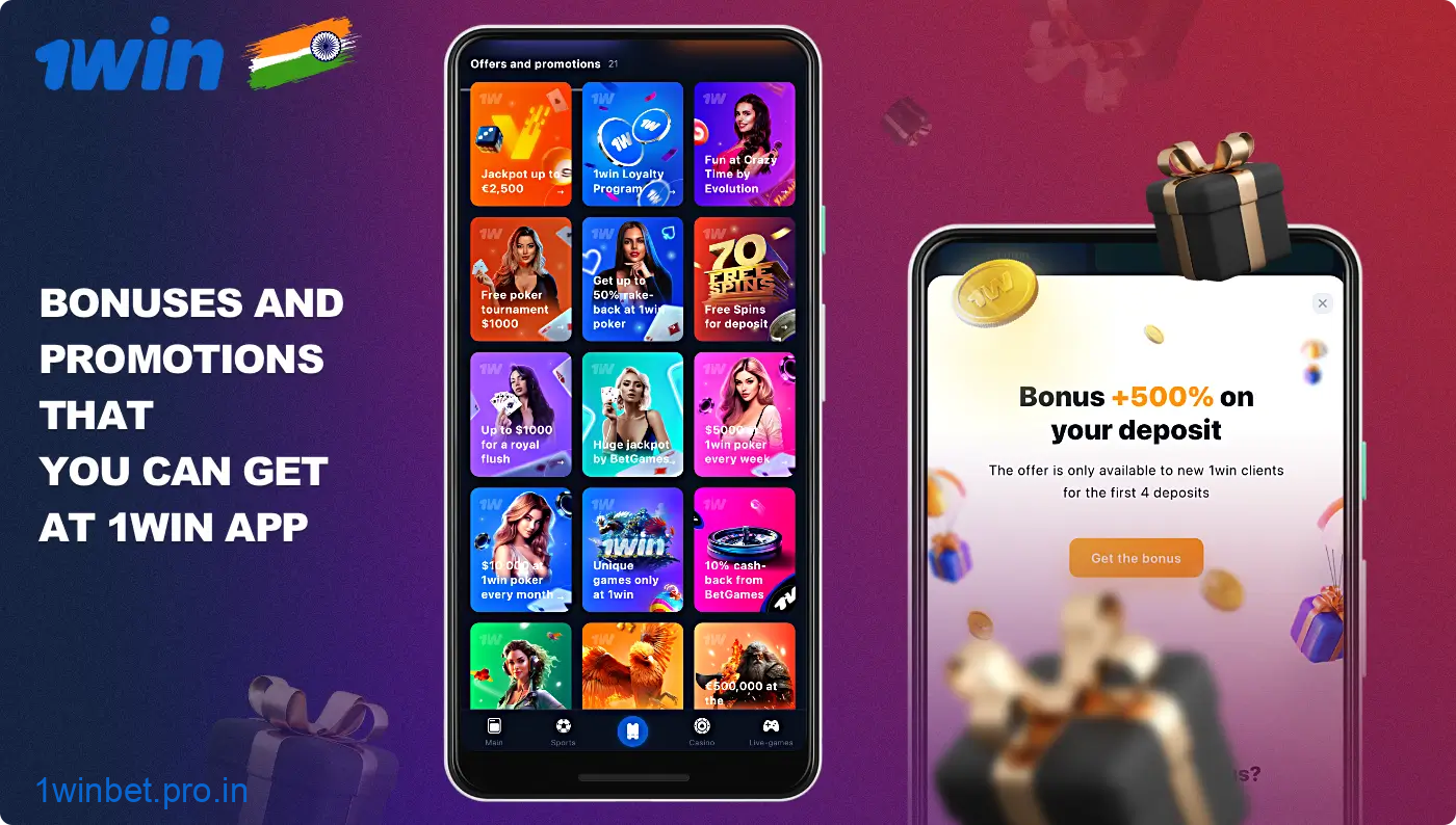 There are various bonuses and promotions available to the users of 1win mobile app from India